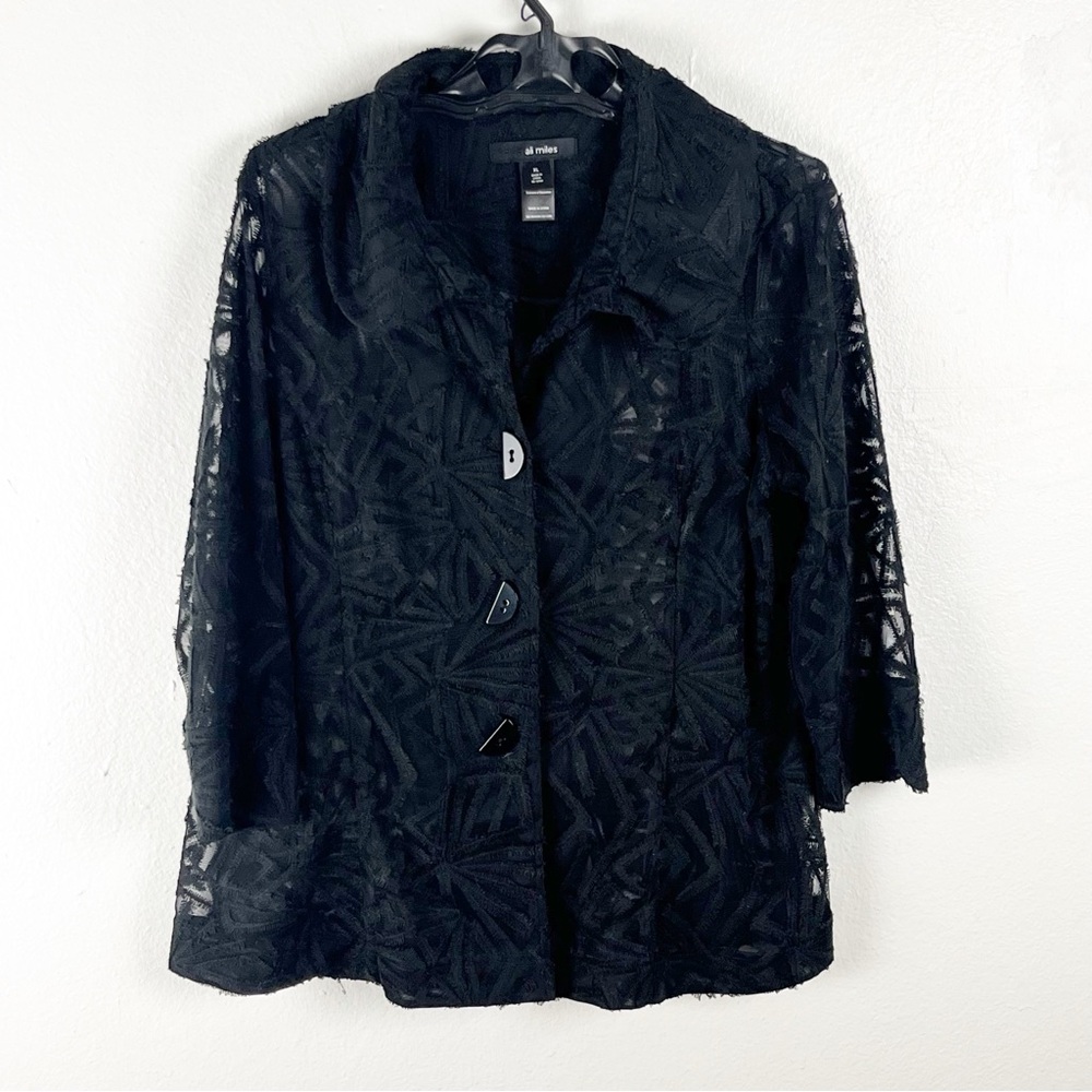 ALI MILES Black Sheer Lace Topper Button Closure Jacket Size XL Minimalist Boho
